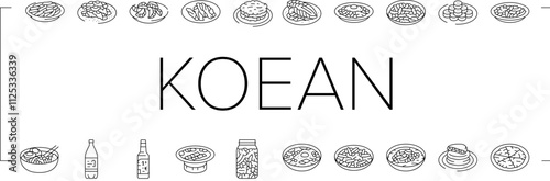 korean cuisine food asian icons set vector. korea menu, noodle top meal, bibimbap rice, topokki soup, chicken, healthy, dish korean cuisine food asian black contour illustrations