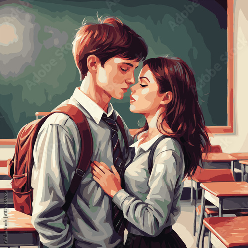 illustration of teenage boy and girl falling in love with each other. school setting. red color background, heart icon. suitable for the theme of love, youth, school, couples, etc. flat vector.