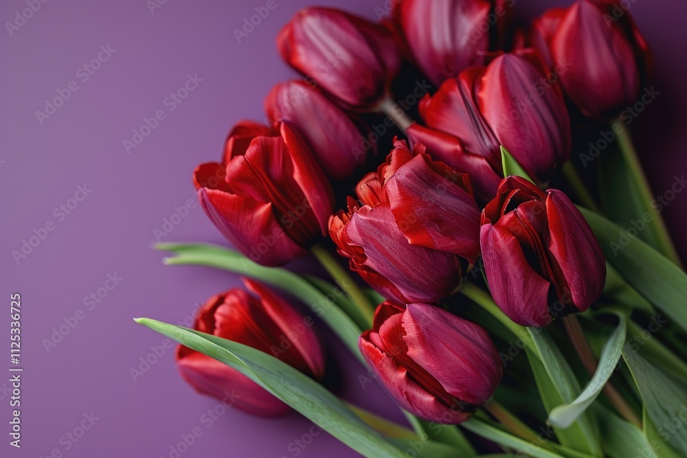 Vibrant Red Tulips in Purple Wrapping: A Summer Floral Design with Copyspace Vibrant Red Tulips in Purple Wrapping: A Summer Floral Design with Copyspace