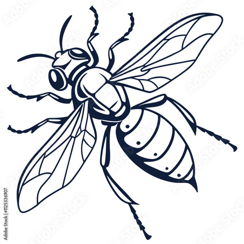 Stylized wasp vector illustration in black and white, vector art, insect design on white backdrop