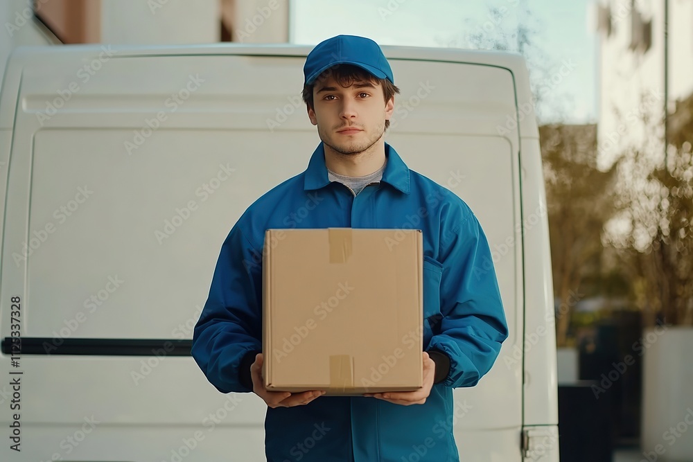 Fast delivery man in blue uniform holding cardboard box Fast delivery man in blue uniform holding cardboard box