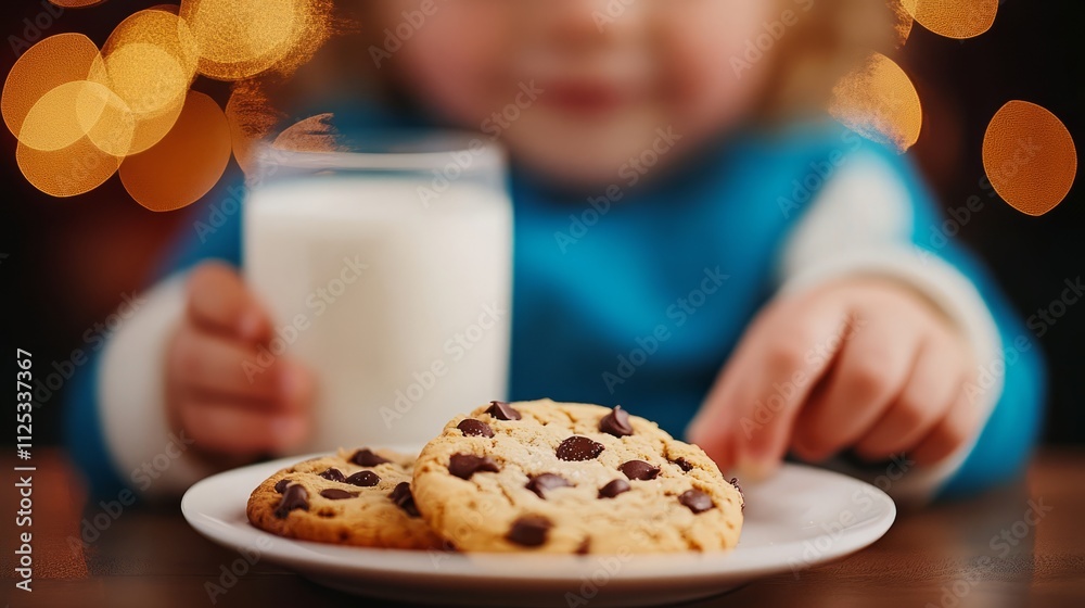 A child places cookies and milk on a special plate for Santa during the festive holiday season A child places cookies and milk on a special plate for Santa during the festive holiday season