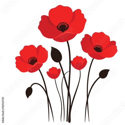 Stylized poppy flowers vector vector illustration in red and black, perfect for wall art decor