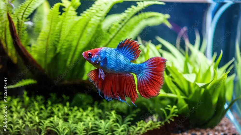 Fototapeta premium The Siamese fighting fish, also known as beta, swims in its aquarium. The fish has an iridescent blue body, a long tail and a bright red head. The aquarium is decorated with lush green plants.