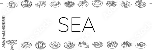 sea cuisine italian cook greece icons set vector. food seafood, chef sea, fish bbq, greek dish, salmon restaurant, frozen, culinary sea cuisine italian cook greece black contour illustrations