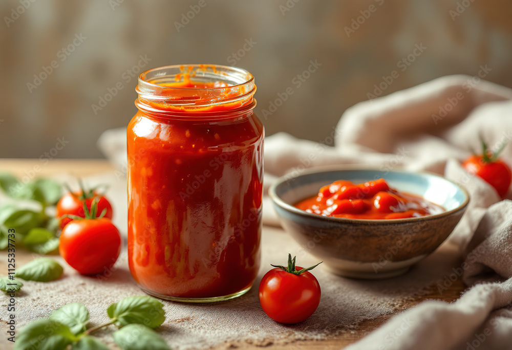 a glass jar filled with a red tomato sauce and a bowl of the same sauce a glass jar filled with a red tomato sauce and a bowl of the same sauce