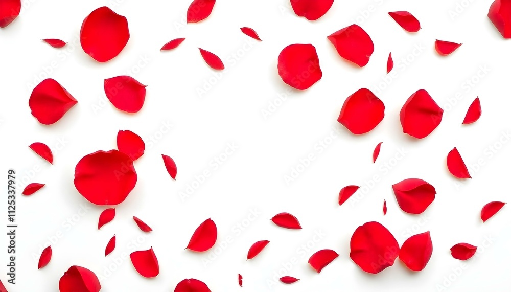 Vibrant Large Format Red Rose Petals Scattered on White Background (Background) Vibrant Large Format Red Rose Petals Scattered on White Background (Background)