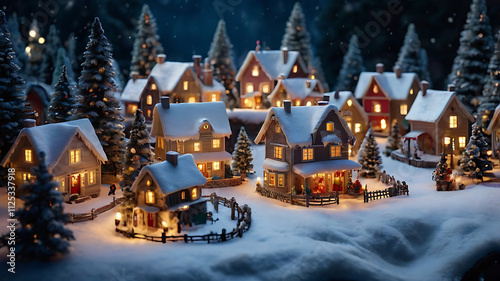 Idyllic snow-covered village at night with illuminated houses and pine trees.