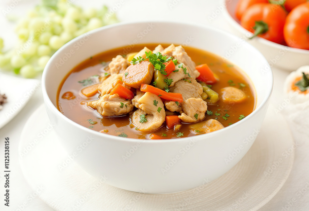 A photo of a bowl of stew with chicken meat and vegetables A photo of a bowl of stew with chicken meat and vegetables