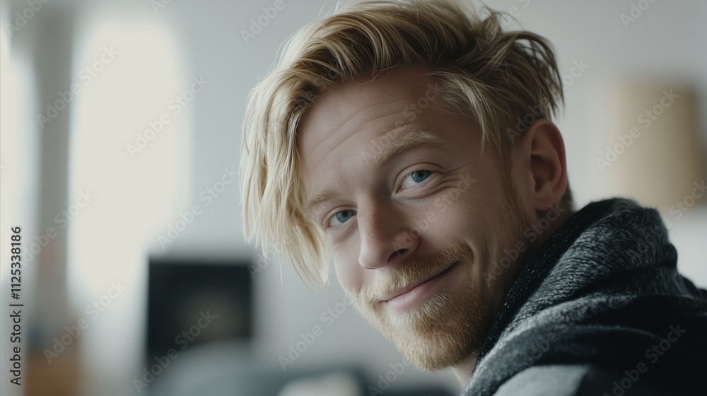Man with a beard and blonde hair is smiling
