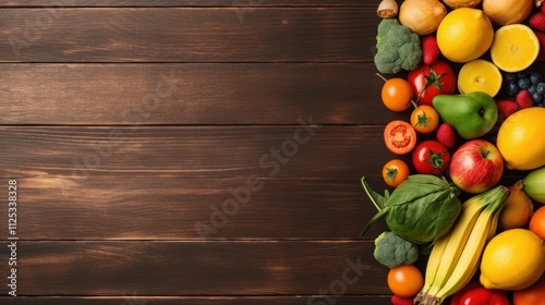 Fruits and vegetables on brown wooden background. Healthy food concept with copy-space. Top view. photo