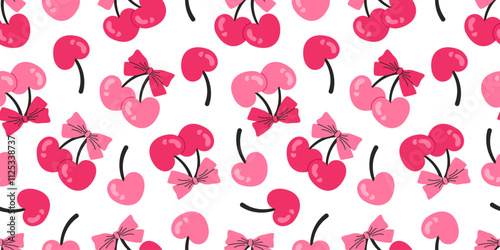 Seamless pattern with heart-shaped cherries and bows in pink and red tones on a white background. Perfect for Valentine's Day designs, romantic themes, gift wrapping, textiles, and creative projects.