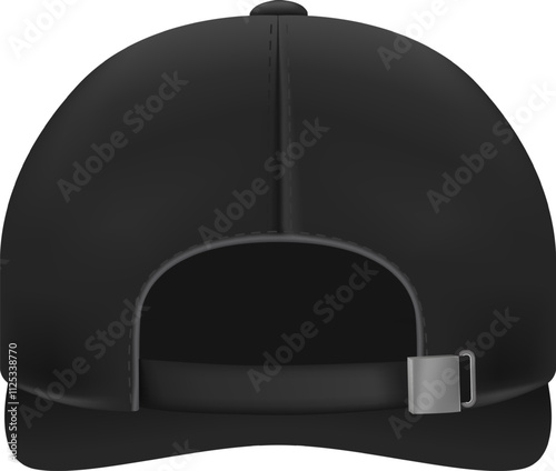 Back view of a realistic black baseball cap mockup featuring an adjustable metal closure, ideal for displaying custom designs and logos in various branding contexts