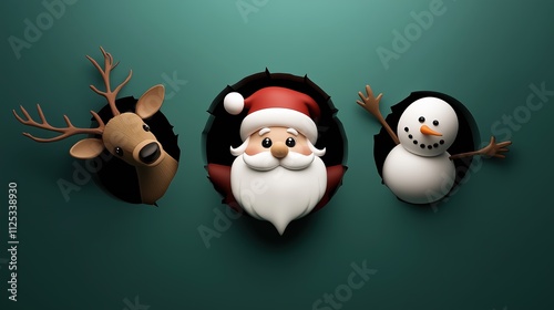 banner featuring Santa, a reindeer, and a snowman playfully peeling from a hole adds festive charm to any holiday setting. Ideal for Christmas parties, or family web, wallpaper, poster, flyer