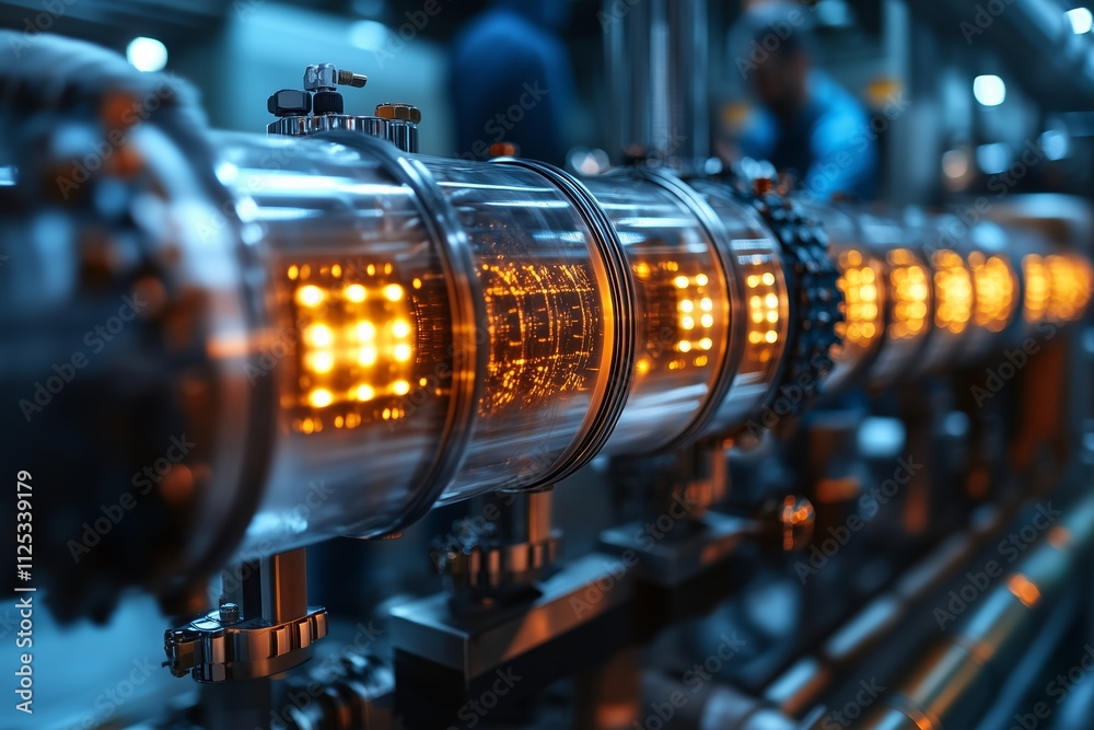 Obraz premium A detailed close-up of a hydrogen fuel cell within an industrial environment, showcasing its advanced design and illuminated orange LEDs. 