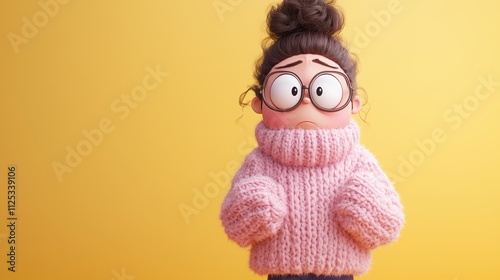 Sad stressed disappointed cartoon character young woman wearing ink sweater in 3d style design on light orange background. banner/web/flyer/character