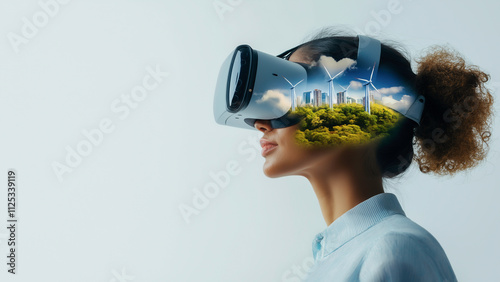 Woman wearing virtual reality, VR showcasing renewable energy  in a captivating cityscape,  futuristic cityscape and green energy vision, innovation urban environment technology.