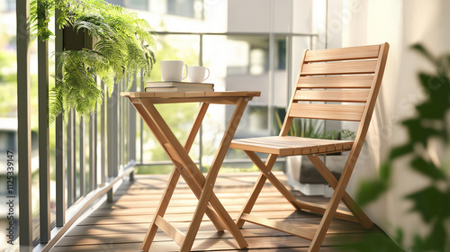 Small balcony with foldable wooden furniture, coffee cup, stack of books, potted fern, and wooden decking tiles, creating a practical and inviting atmosphere with warm tones.