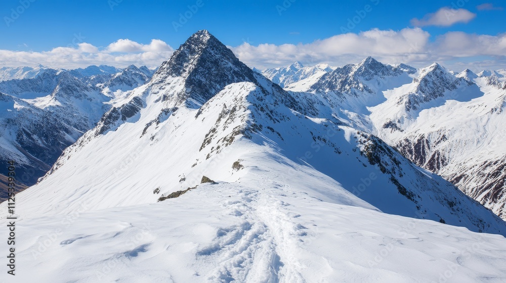 Obraz premium Snow-covered mountain landscape with a clear blue sky and rugged peaks in the background.