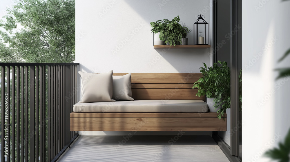 Fototapeta premium Minimalist balcony with sleek wooden bench, hidden storage, potted plants, lantern, concrete floor, and black metal railing, creating a functional and modern atmosphere.