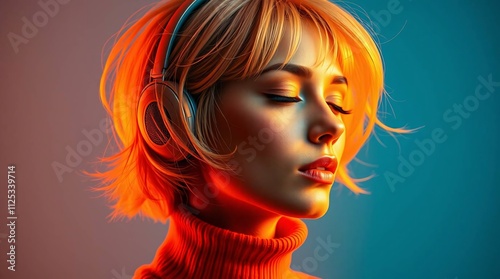 Woman bathed in warm light: Blonde woman with short hair, wearing a red turtleneck sweater, is bathed in warm light, her eyes closed, and her face illuminated.