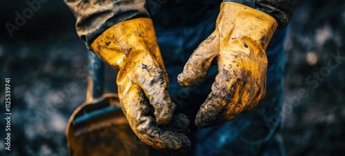 Muddy Hands, Hard Work: A Close-Up of Dirt-Covered Yellow Gloves