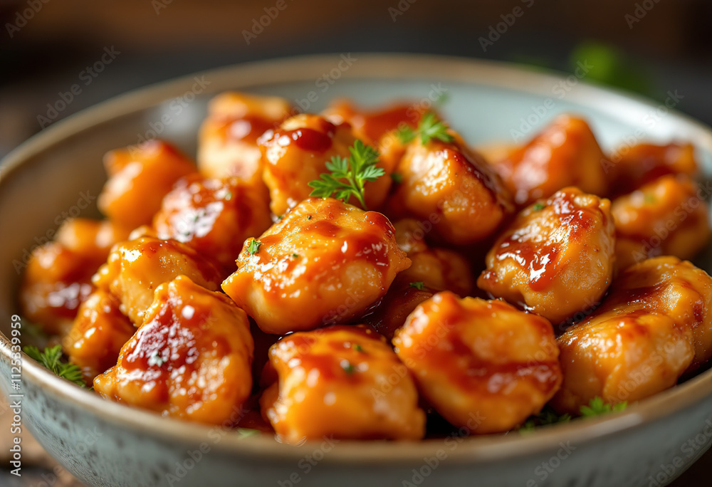 a bowl of bite-sized pieces of chicken glazed with a glossy sauce a bowl of bite-sized pieces of chicken glazed with a glossy sauce