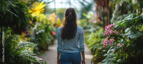 Woman Walking Through a Lush Botanical Garden