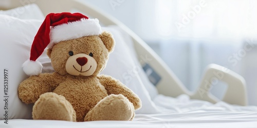 teddy bear with a Santa hat sits beside a child in a hospital bed, offering comfort and companionship during a difficult time. A symbol of hope, resilience, and care in moments of hardship.