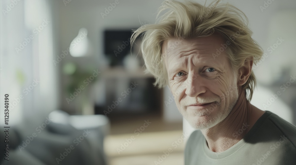 Man with white hair and a beard is sitting in a living room Man with white hair and a beard is sitting in a living room