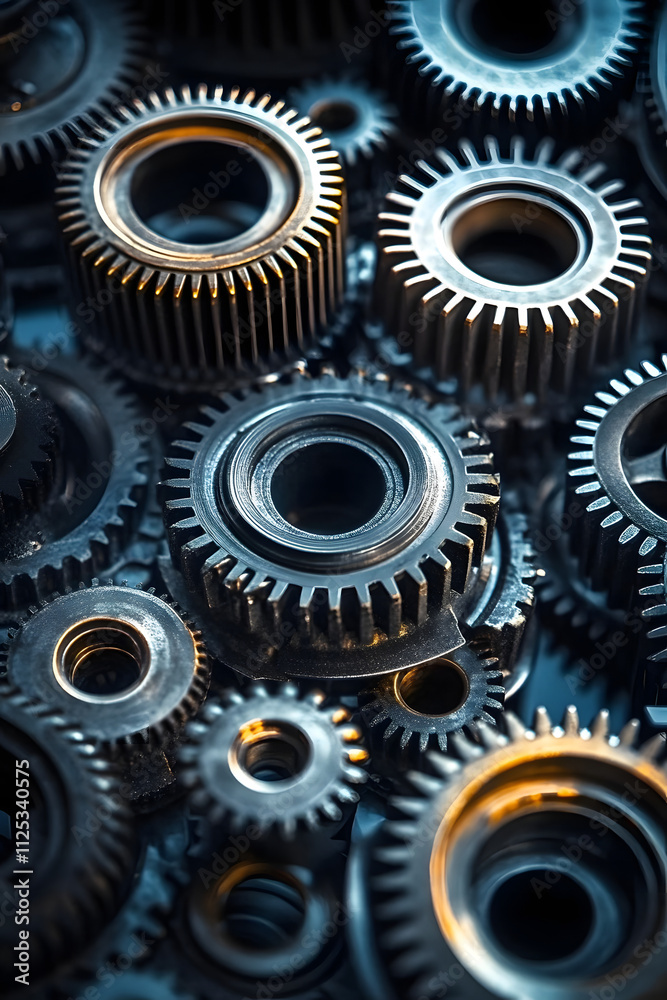 Abstract background metallic gears and cogs in various sizes, intertwined and casting shadows on a dark background. Abstract background metallic gears and cogs in various sizes, intertwined and casting shadows on a dark background.