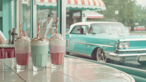 Milkshake on diner table with vintage car in the background. Nostalgic retro setting