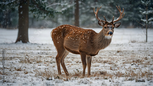 Majestic deer in snowy winter forest.