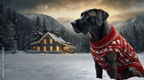 Majestic Great Dane in red Christmas sweater sits in snowy landscape before cabin at sunset.