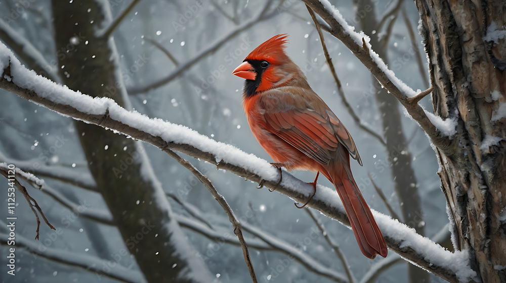 Male Northern Cardinal perched on snow-covered branch in winter forest. Male Northern Cardinal perched on snow-covered branch in winter forest.