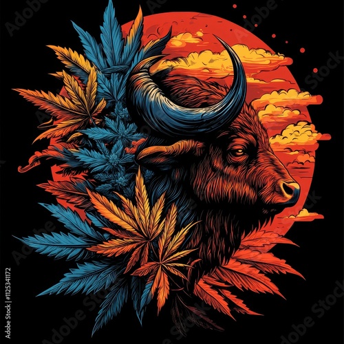 Buffalo head portrait surrounded by vibrant cannabis leaves against a sunset backdrop. photo