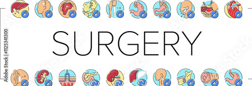 surgery operate room invasive icons set vector. doctor surgical, surgeon medicine, medical hospital, future open septoplasty, lift surgery operate room invasive color line illustrations