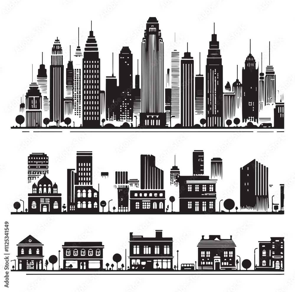 Naklejka premium Cityscape set silhouette vector illustration
