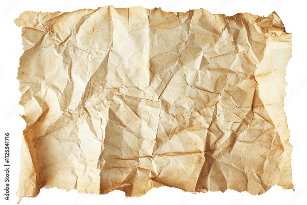 Obraz premium Vintage Crumpled Paper with Torn Edges Isolated on White Background. Old Texture for Design with Space for Copy.