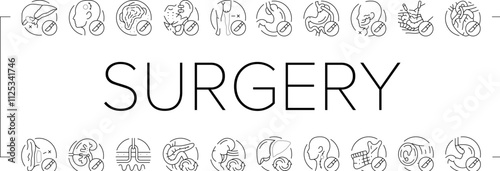 surgery operate room invasive icons set vector. doctor surgical, surgeon medicine, medical hospital, future open septoplasty, lift surgery operate room invasive black contour illustrations