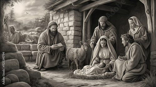 Monochrome painting depicting the nativity scene; Mary, Joseph, baby Jesus, shepherds, and animals.