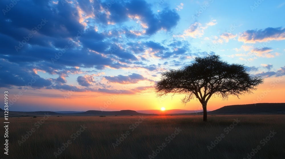 A serene sunset over a grassy landscape with a solitary tree silhouetted against the colorful sky. A serene sunset over a grassy landscape with a solitary tree silhouetted against the colorful sky.