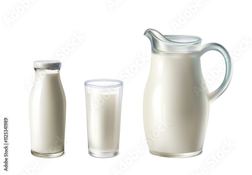 3d realistic vector icon illustration. Fresh farm milk. Bottle, milk jug, glass of milk.