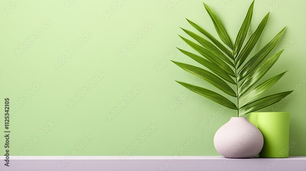Serene Green Oasis: Palm leaf in minimalist vase against pastel green wall. Perfect for home decor, spa, wellness, or nature-themed designs. Serene Green Oasis: Palm leaf in minimalist vase against pastel green wall. Perfect for home decor, spa, wellness, or nature-themed designs.
