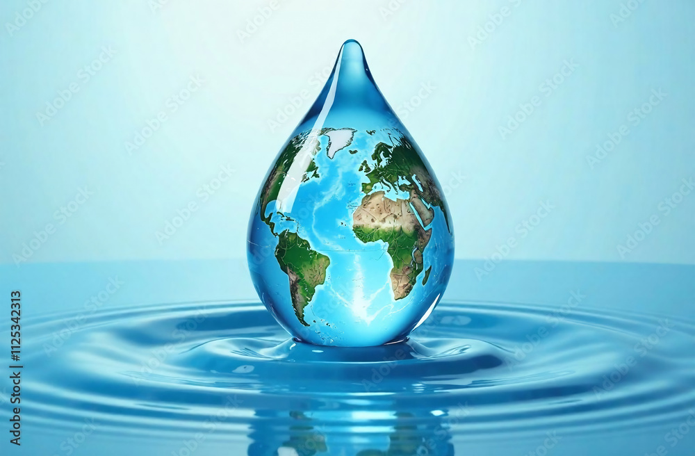 Obraz premium water drop with world map on blue background, global warming concept.