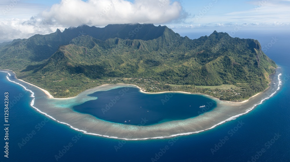 Fototapeta premium Aerial view of a lush, mountainous island with a heart-shaped lagoon and surrounding coral reef.