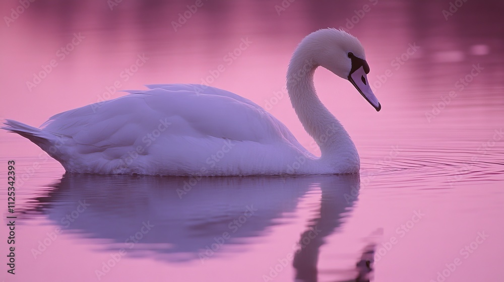 Fototapeta premium A serene swan glides across a tranquil lake at sunset, reflecting a soft pink hue.