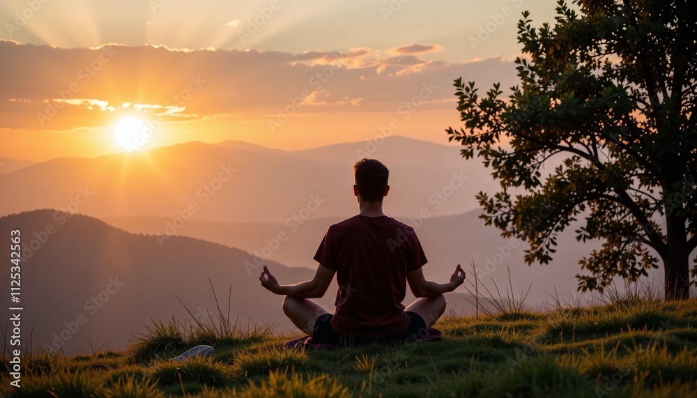 Man practicing meditation at sunset on a mountain, surrounded by nature Man practicing meditation at sunset on a mountain, surrounded by nature