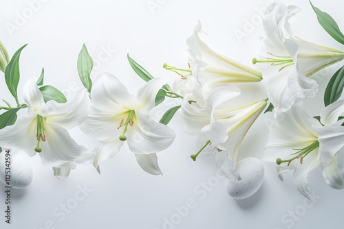 Elegance of white lilies and eggs arranged beautifully for a serene spring celebration in a tranquil setting