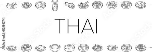 thai cuisine food asia icons set vector. curry table, various thailand, menu rice, plate delicious, som, meal, dish, cooking thai cuisine food asia black contour illustrations